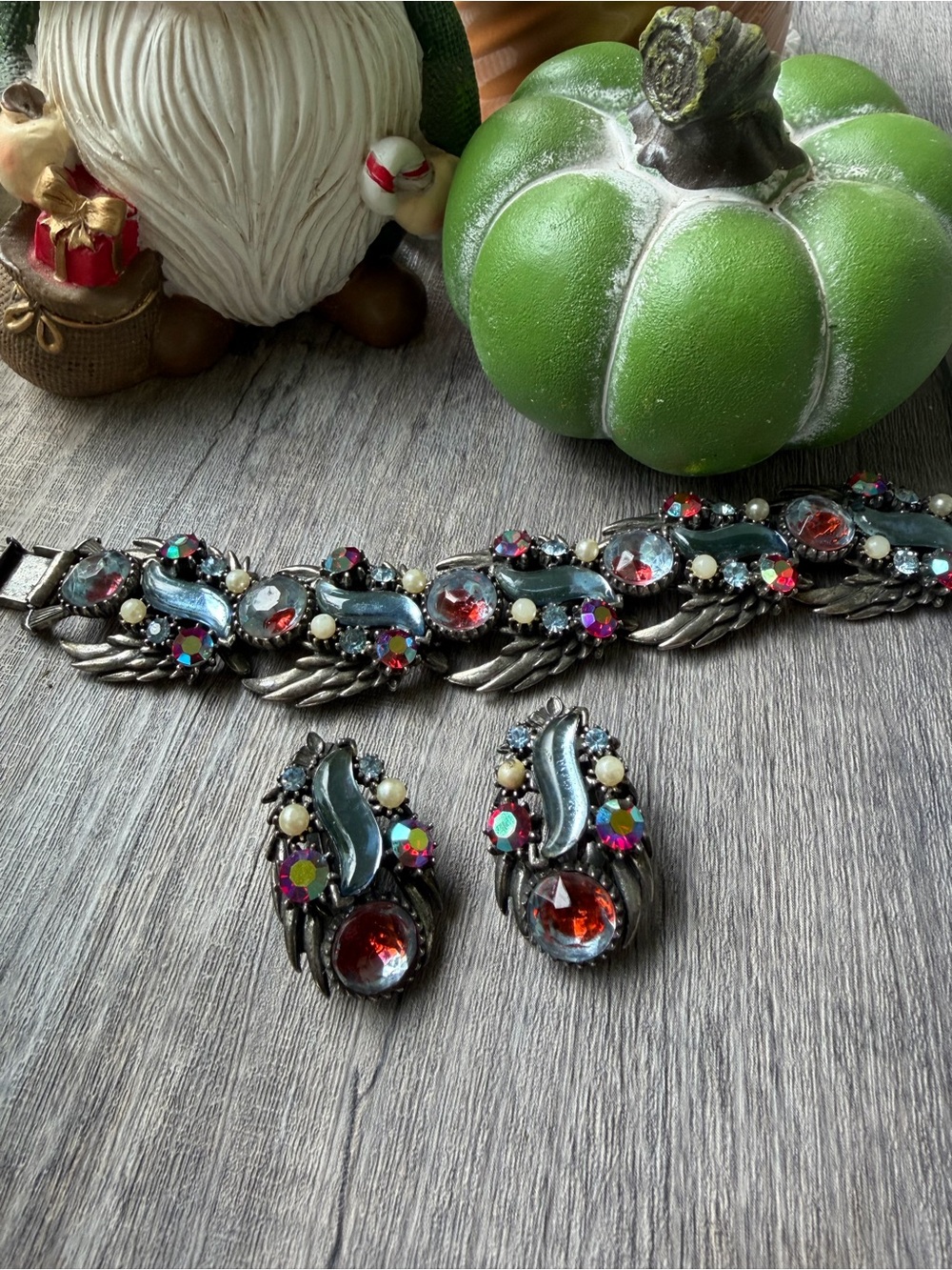 Vintage Florenza Multicolor Crystal Bracelet & Clip-On Earrings Set